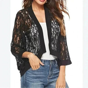 Measeor Black Lace Crochet Lace 3/4 sleeve open front Cover up Cardigan- Size XL